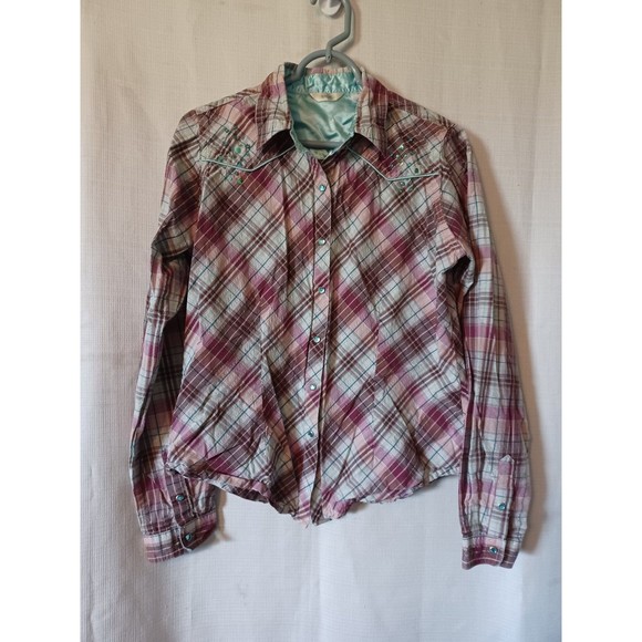 Twenty X Women's  L/S Pearl Snap Pink/Purple Plaid Blouse.  Blue piping. L. - Picture 1 of 9